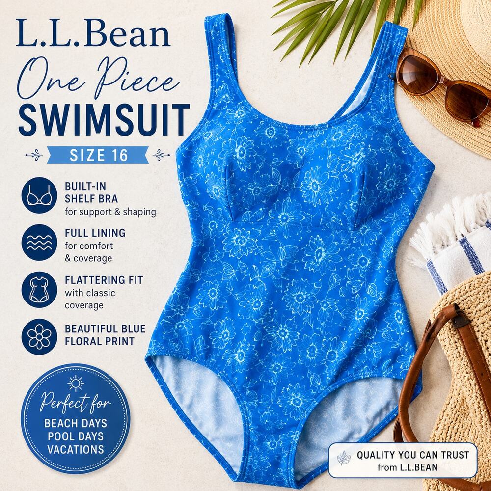 L.L.Bean Blue Floral One Piece Swimsuit Size 16 Tummy Control Shelf Bra